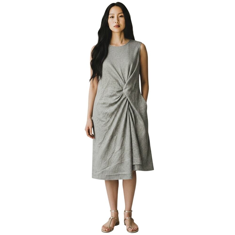 DES PRÉS Grey 100% Wool Sleeveless Twist Front Knot Sheath Dress Size 1